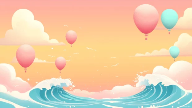 Pastel summer balloons rising into a cotton candy sky.