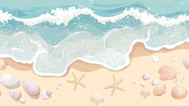 Pastel summer balloons rising into a cotton candy sky with playful waves beneath.