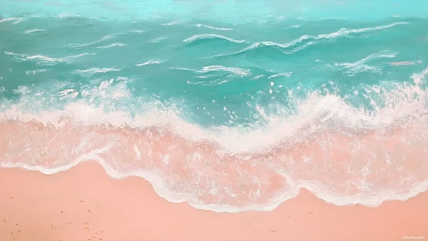 Pastel summer beach scene with soft pink sand and turquoise waves, pastel aesthetic.