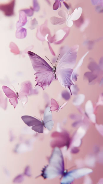 Pastel summer butterflies floating over a soft lilac background, dreamy soft style.