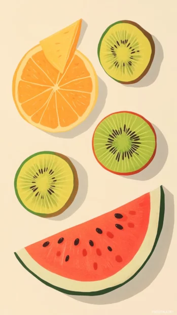 Pastel summer fruit slices like watermelon, kiwi, and oranges arranged in playful patterns.