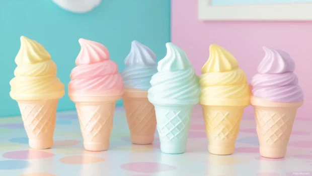 Pastel summer ice cream cones lined up on a table in soft pastel shades, playful vibe.