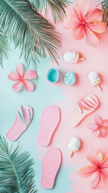 Pastel summer moments featuring minimal palm trees, tiny ice creams, and cheerful flip flops scattered across soft tones.