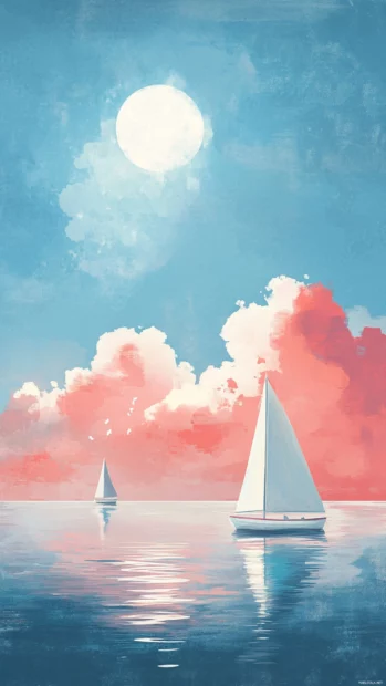 Pastel summer sky over a calm ocean with tiny sailboats, minimal pastel illustration.