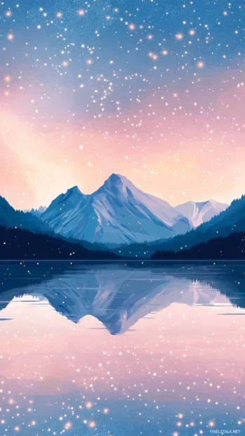 Pastel summer stars twinkling over a peaceful mountain scene with glowing reflections.