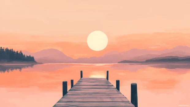 Pastel summer sunset casting soft orange and pink hues over a peaceful lakeside dock.