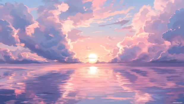 Pastel summer sunset over calm pastel blue waters with fluffy clouds, pastel vibe.