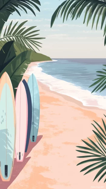 Pastel summer surfboards lined up along a calm beach with light tropical leaves.