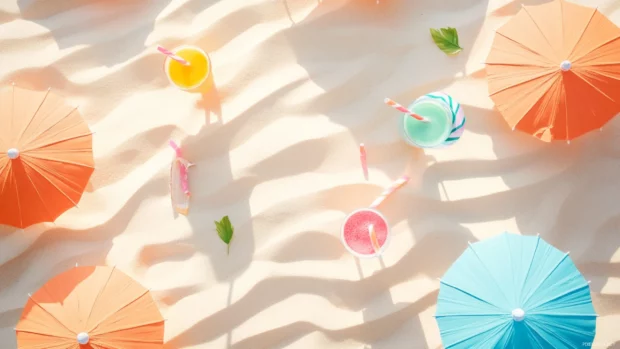 Pastel summer vibes with cute beach umbrellas and colorful drinks scattered across a soft sandy background.