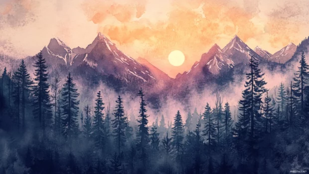 Pastel sunrise illuminating watercolor mountains and forests.