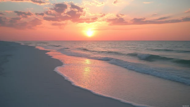 Pastel sunset over a calm ocean, with soft pink, orange, and lavender hues reflecting off the gentle waves.