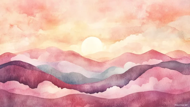Pastel sunset watercolor wallpaper illustrating soft clouds drifting over hills.