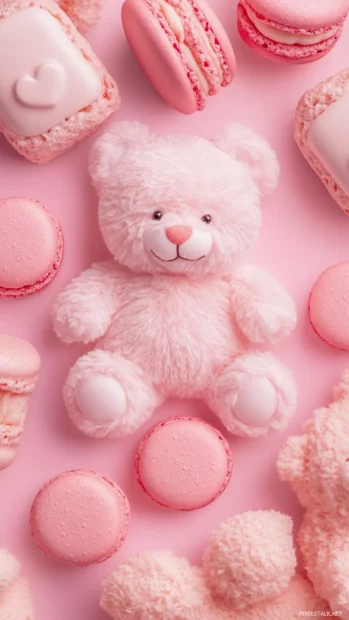 Pastel teddy bears and macarons in a pink girly wallpaper for iPhone.