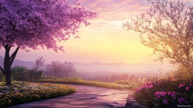 Pastel themed pretty garden during sunrise, Pastel pretty computer wallpaper.