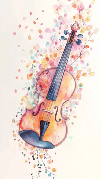 Pastel themed violin and melody flowing with petals inspired by Hand drawn music symbols in pastel.