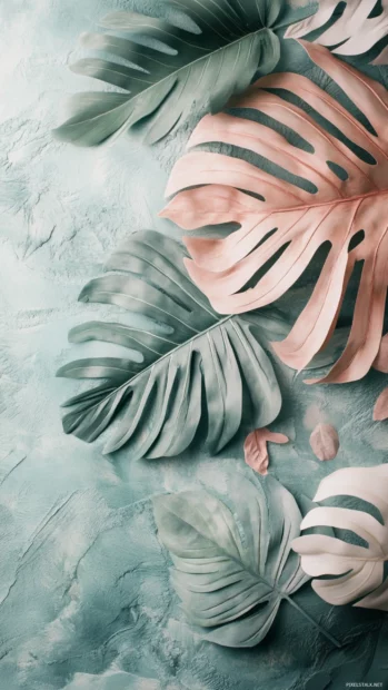 Pastel tropical leaves and gentle waves arranged softly, creating a calm, lighthearted summer feeling.