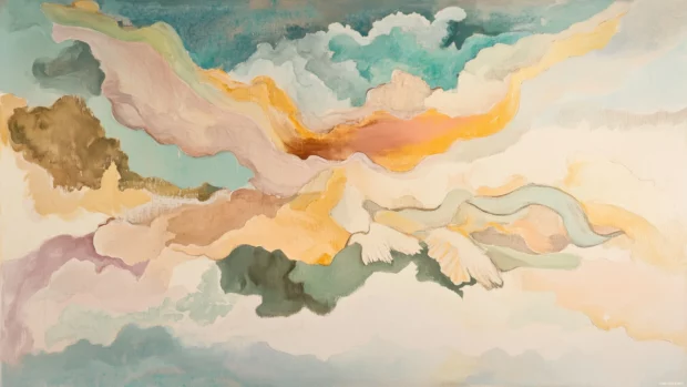 Pastel watercolor background with soft, muted colors.