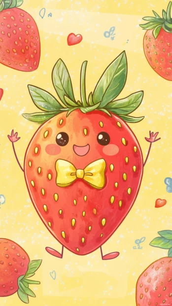 Pastel yellow sparkles, chibi strawberry, bowtie, waving, strawberry patterns.