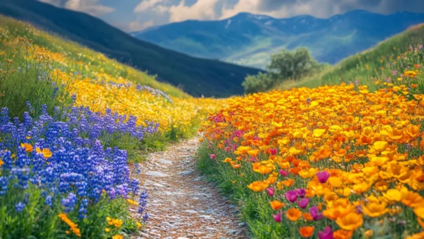 Pathway winding through golden Pretty Flower meadow.