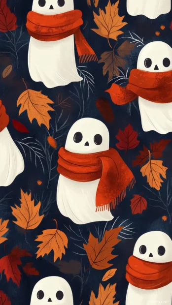 Pattern of Aesthetic Ghost Wallpapers showing layered ghost illustrations wrapped in scarves with autumn leaves.