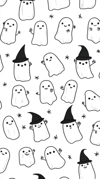 Pattern of Cute Ghost Wallpapers featuring smiling ghosts wearing tiny witch hats and waving.
