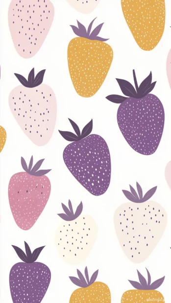 Pattern of abstract pink strawberries in different shades, with soft pastel yellow and lavender accents filling the spaces between them, Simple lines, flat illustration style.