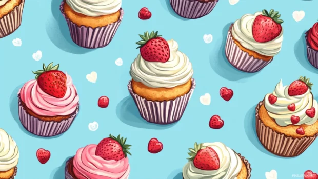 Pattern of cartoon cupcakes and strawberries.