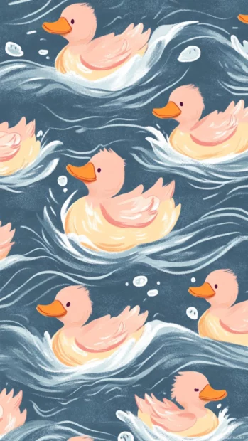 Pattern of fluffy ducks floating on gentle waves in repeated hand drawn style.