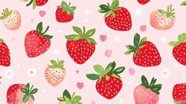 Pattern of fresh red strawberries with green leaves on a soft pastel pink background.