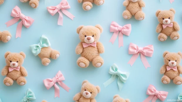Pattern of pastel bows and cute teddy bears.