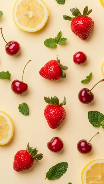 Pattern of strawberries surrounded by lemon slices, cherries, and mint leaves on a pastel yellow background, fresh summer fruit theme, playful and energetic vibe.