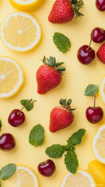 Pattern of strawberries with lemon slices, cherries, mint leaves on pastel yellow background, playful summer vibe.