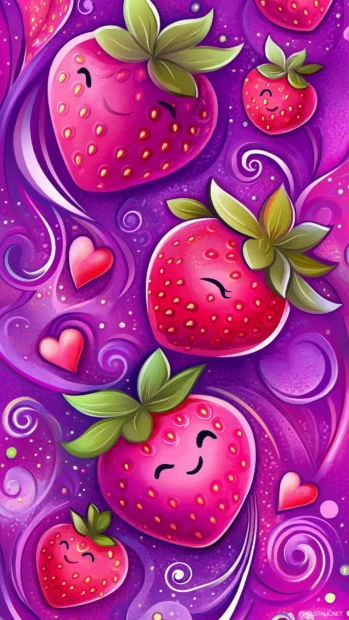 Pattern of stylized pink strawberries with small floral accents, arranged in a diagonal layout, soft pink and lavender color, flat illustration style.