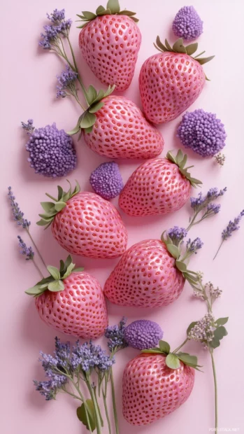 Pattern of stylized pink strawberries with small floral accents, arranged in a diagonal layout, soft pink and lavender colors.