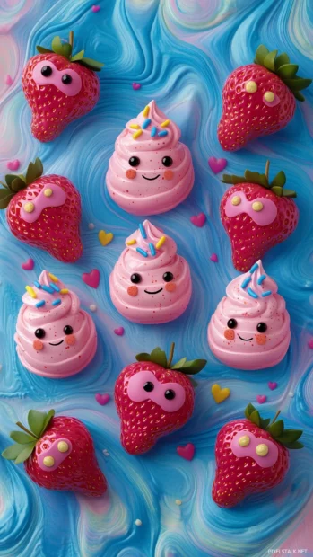 Pattern of stylized pink strawberries with small floral accents, arranged in a diagonal layout, soft pink and lavender colors, Simple lines, flat illustration style.