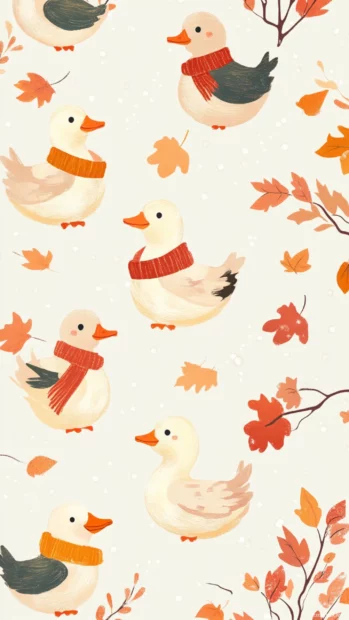 Pattern of tiny aesthetic ducks wearing scarves in an autumn tone background for cozy Aesthetic Duck Wallpapers.