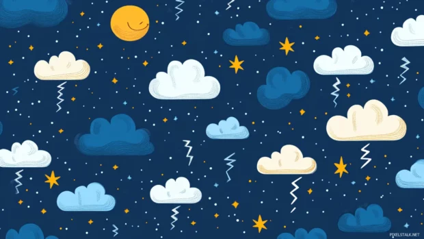 Pattern of tiny clouds and lightning bolts in cartoon style.