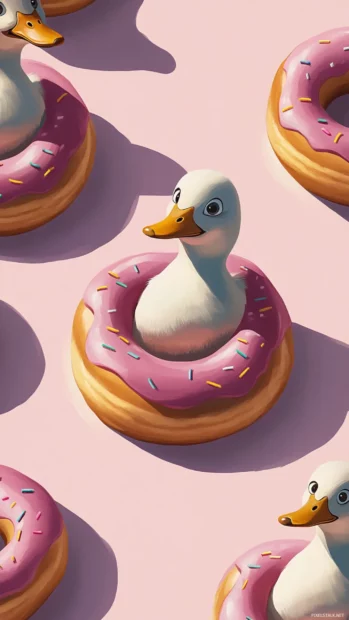 Pattern of wide eyed ducks floating on donuts with subtle shadows.
