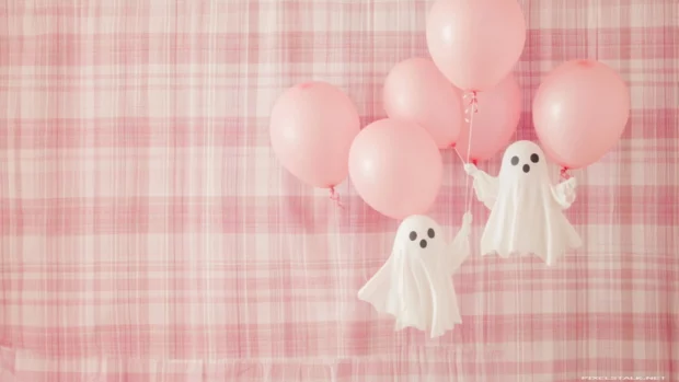 Patterned Pink Ghost Wallpapers with tiny ghosts holding balloons on a soft pink plaid background.