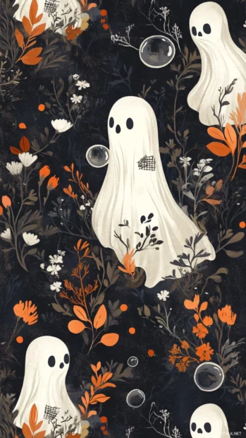 Patterned aesthetic ghosts blowing bubbles with floral details and handwritten notes.