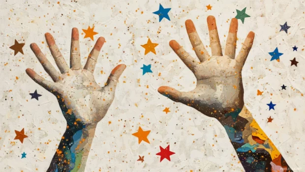 Peace hands and groovy stars floating in off white canvas.