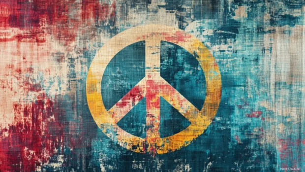 Peace sign layered in brush sprays over retro fabric textures.