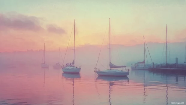 Peaceful Morning Harbor Scene In Pastel Watercolor Hues.