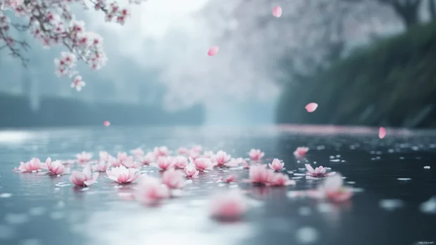 Peaceful Moving Desktop Wallpapers of sakura petals floating on a serene river.