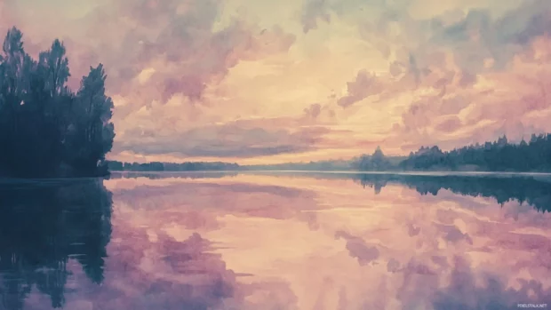 Peaceful Pastel Watercolor Sky Reflecting On A Still Lake Surface.
