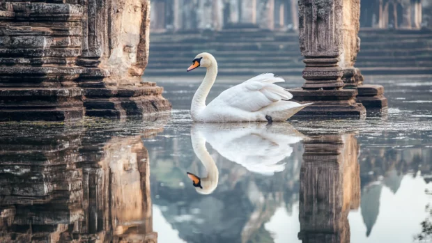 Peaceful Swan near an ancient temple reflection.