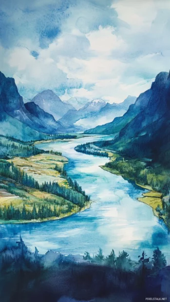 Peaceful Watercolor River Meandering Through A Mountain Valley.