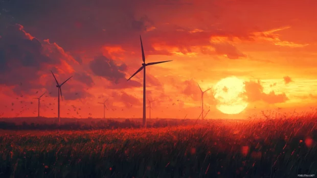 Peaceful anime field with wind turbines, trending anime wallpaper PC.