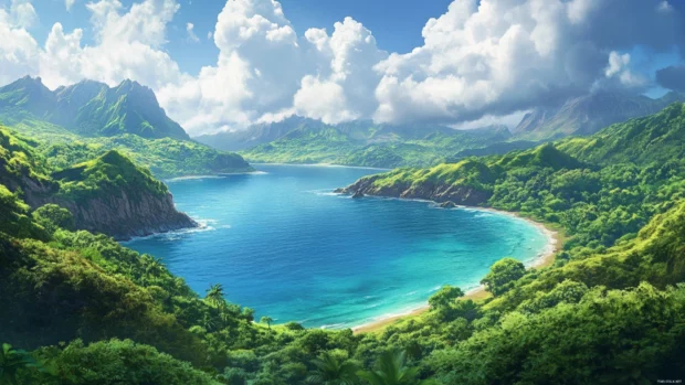 Peaceful bay surrounded by lush hills, perfect for desktop ocean wallpapers.