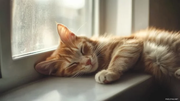 Peaceful cat napping on a windowsill.
